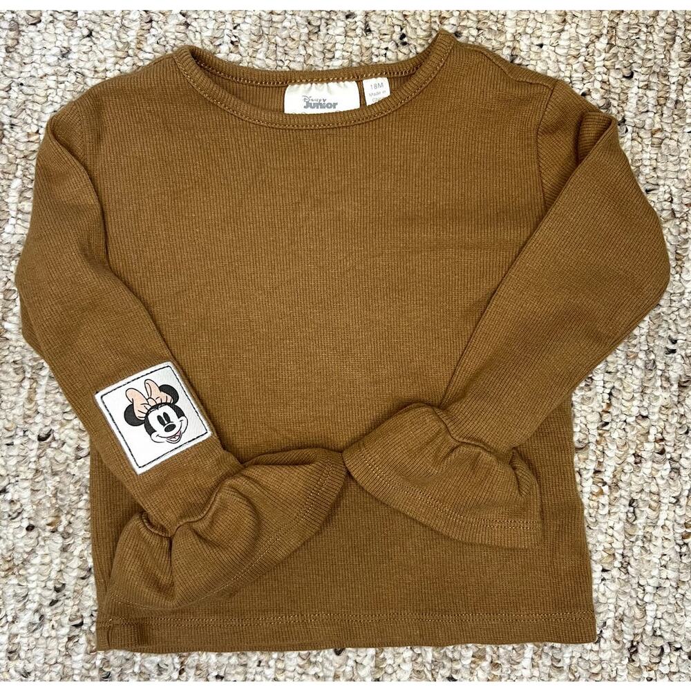 Disney Minnie Mouse Top Toddler 18M Brown Excellent Ribbed Bell Sleeve Patch